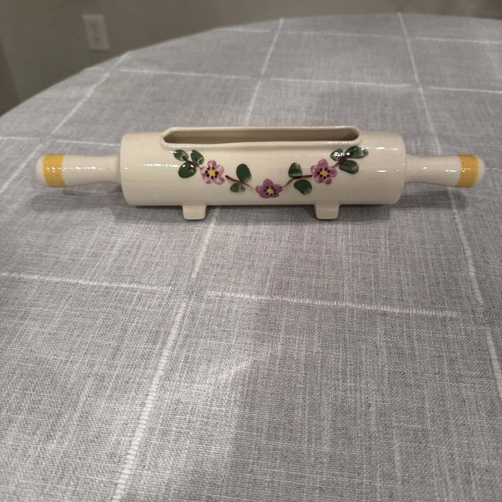Vintage Ceramic Rolling Pin‎ Planter Pink Flowers Yellow Handle 1950s EUC